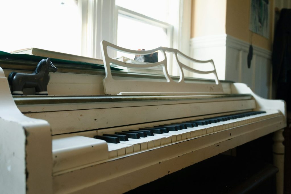 ein Spielzeugpferd sitzt auf einem Klavier